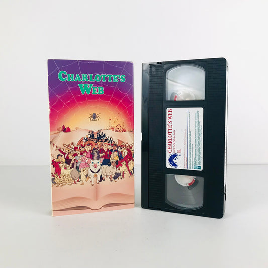 Vintage Charlotte's Web VHS tape showing the cassette tape and front cover image of the box.