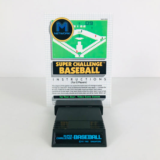 The Atari 2600 video game, Super Challenge Baseball, displayed with its original instruction booklet