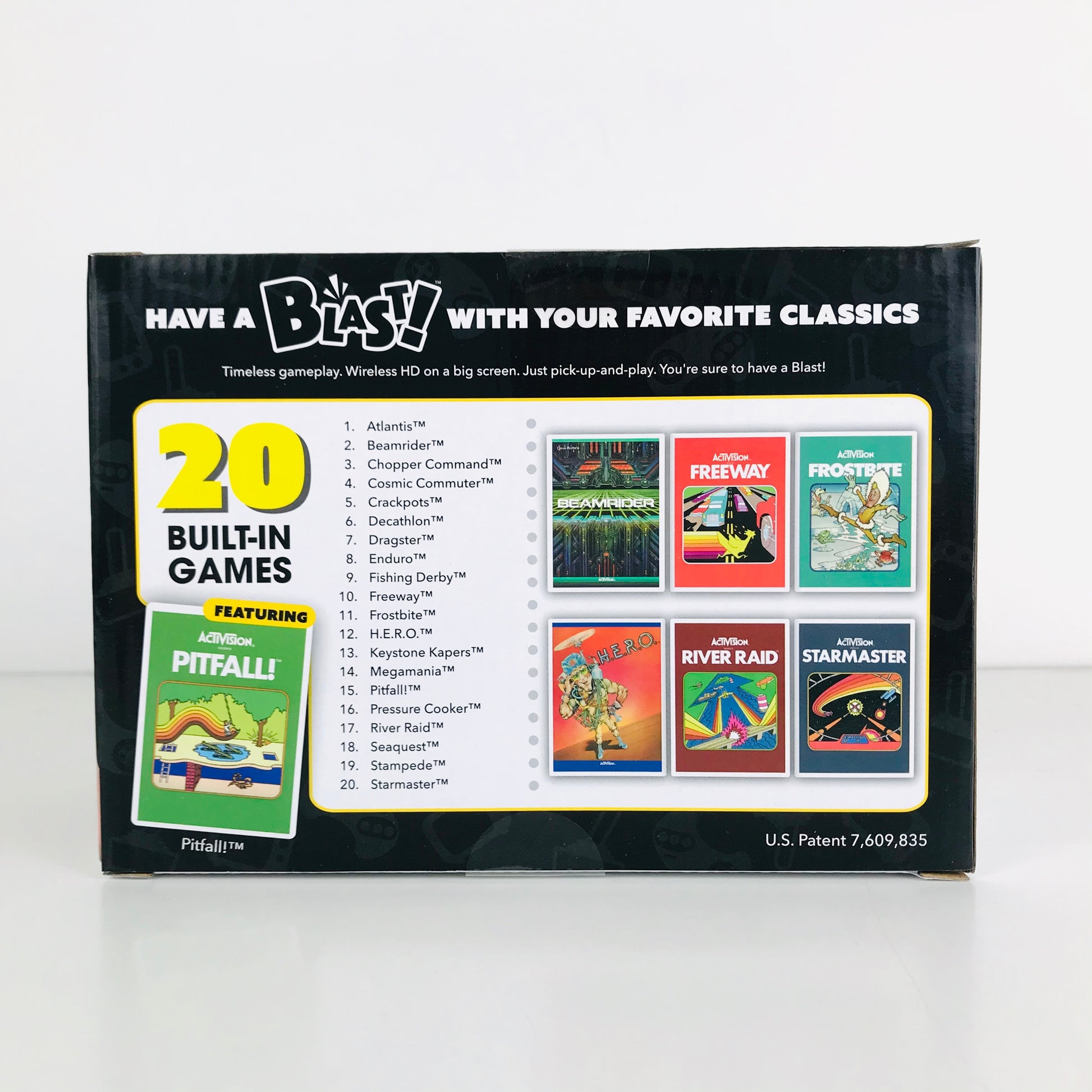 20 Built-In classic games from the 1980s Activision era listed on the back of a Flashback Blast box.