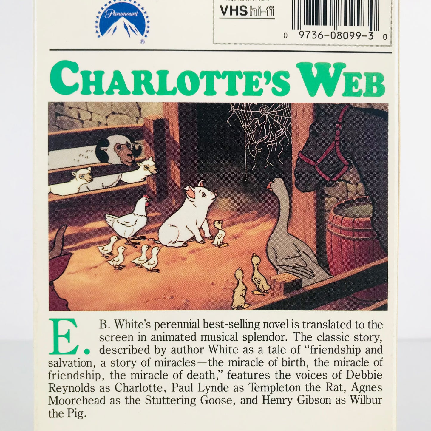 Back VHS box cover for Charlotte's Web showing a scene with Charlotte the Spider talking to Wilbur the Pig as the other barn animals listen in.