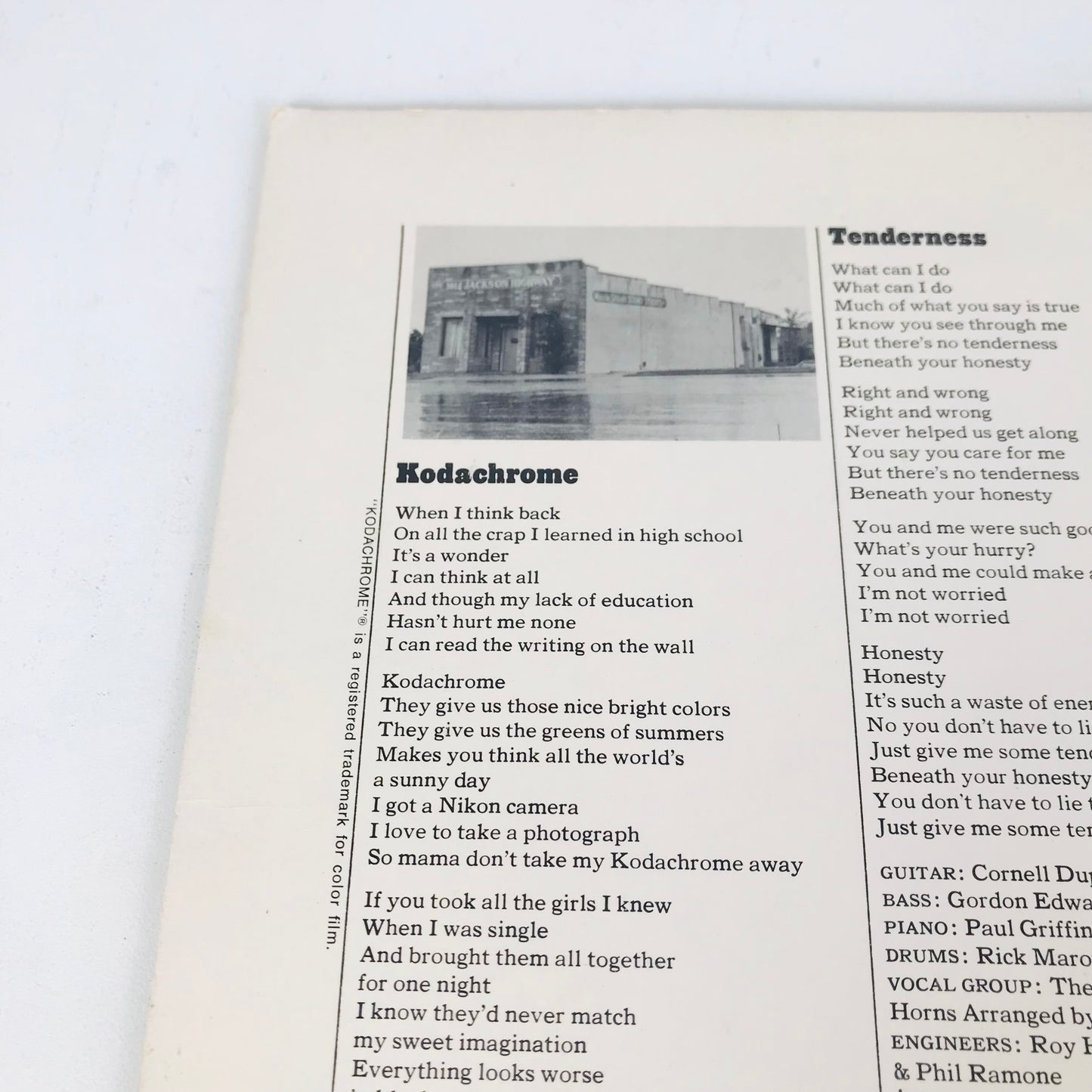 Inside gatefold image of the song lyrics for Paul Simon's "Kodachrome".