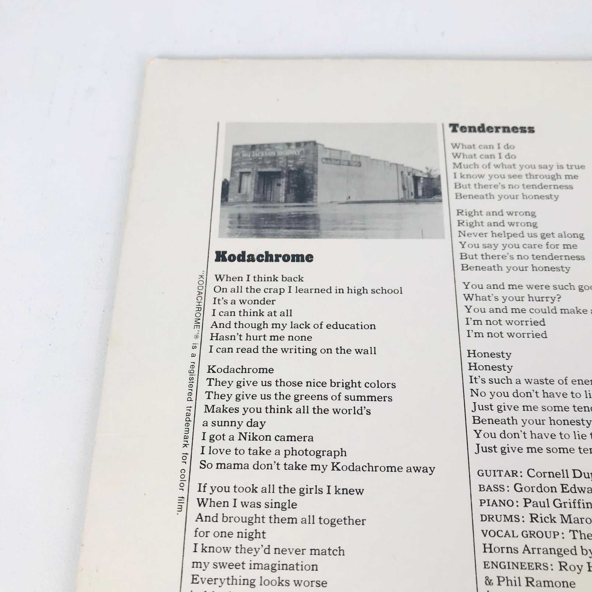 Inside gatefold image of the song lyrics for Paul Simon's "Kodachrome".