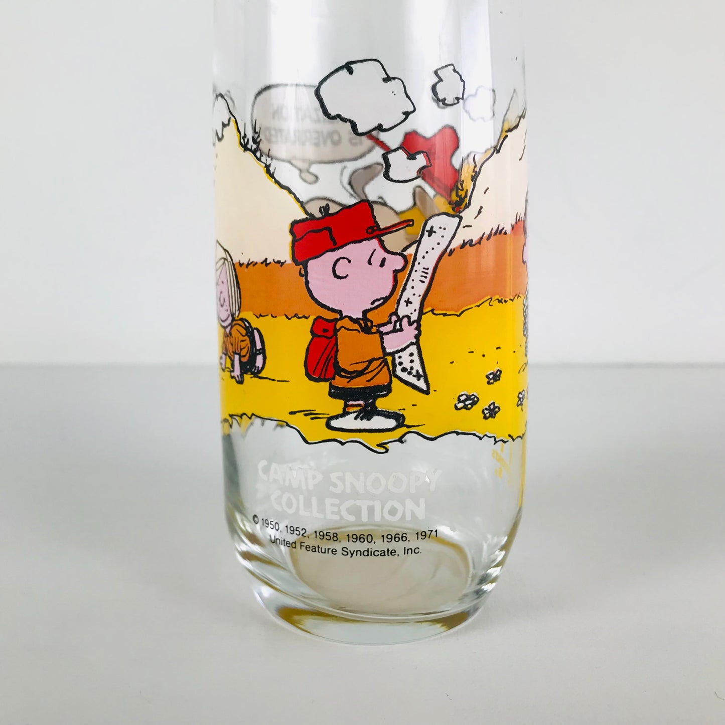 A glass from the 1983 Camp Snoopy Collection that shows an image of a frustrated Charlie Brown looking at a map.