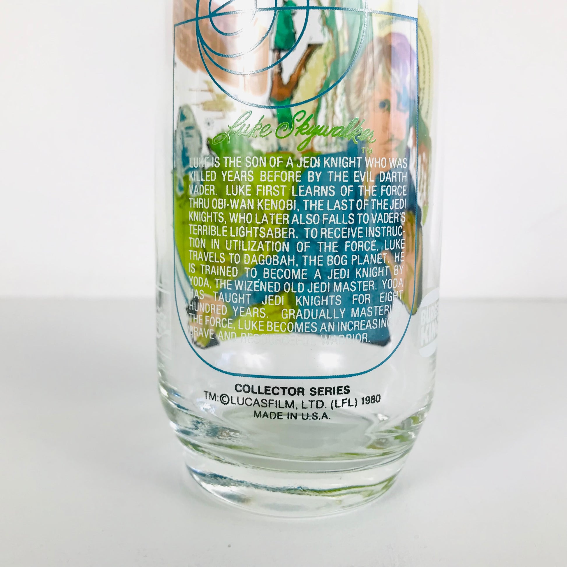 Synopsis of the character known as Luke Skywalker as printed on a 1980 Star Wars glass tumbler.