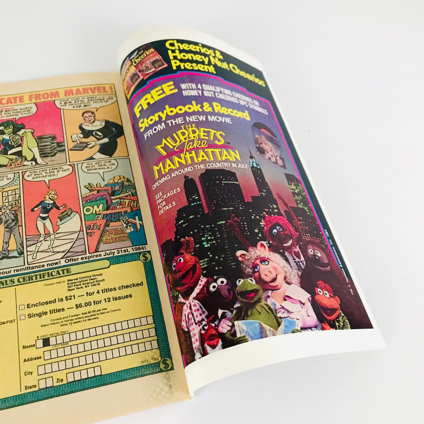 An ad for "The Muppets Take Manhattan" Storybook & Record Set--as seen on the inside cover of a 1980s Star Wars comic book.