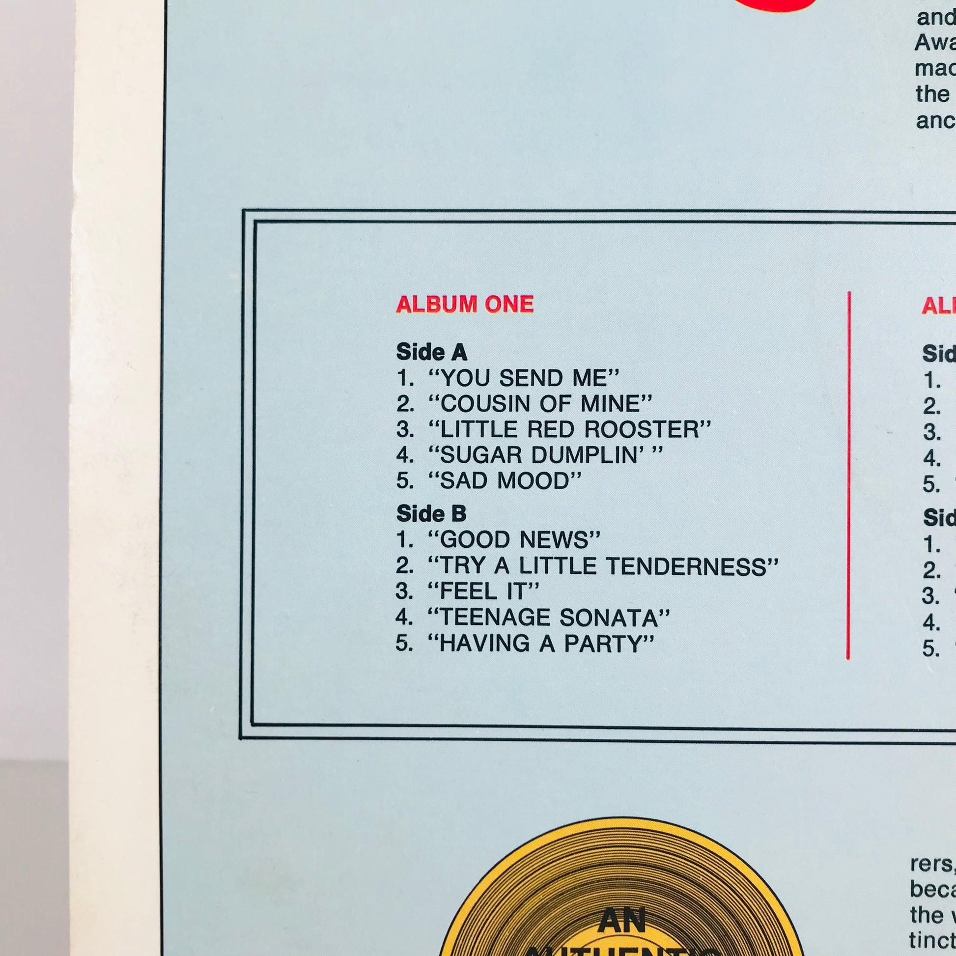 Track list for Album One of The Legendary Sam Cooke vinyl record.