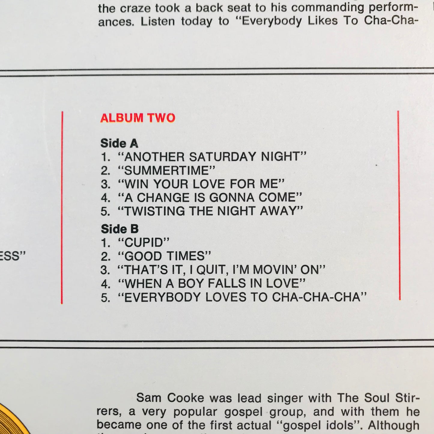 Track list for Album Two of The Legendary Sam Cooke vinyl record.