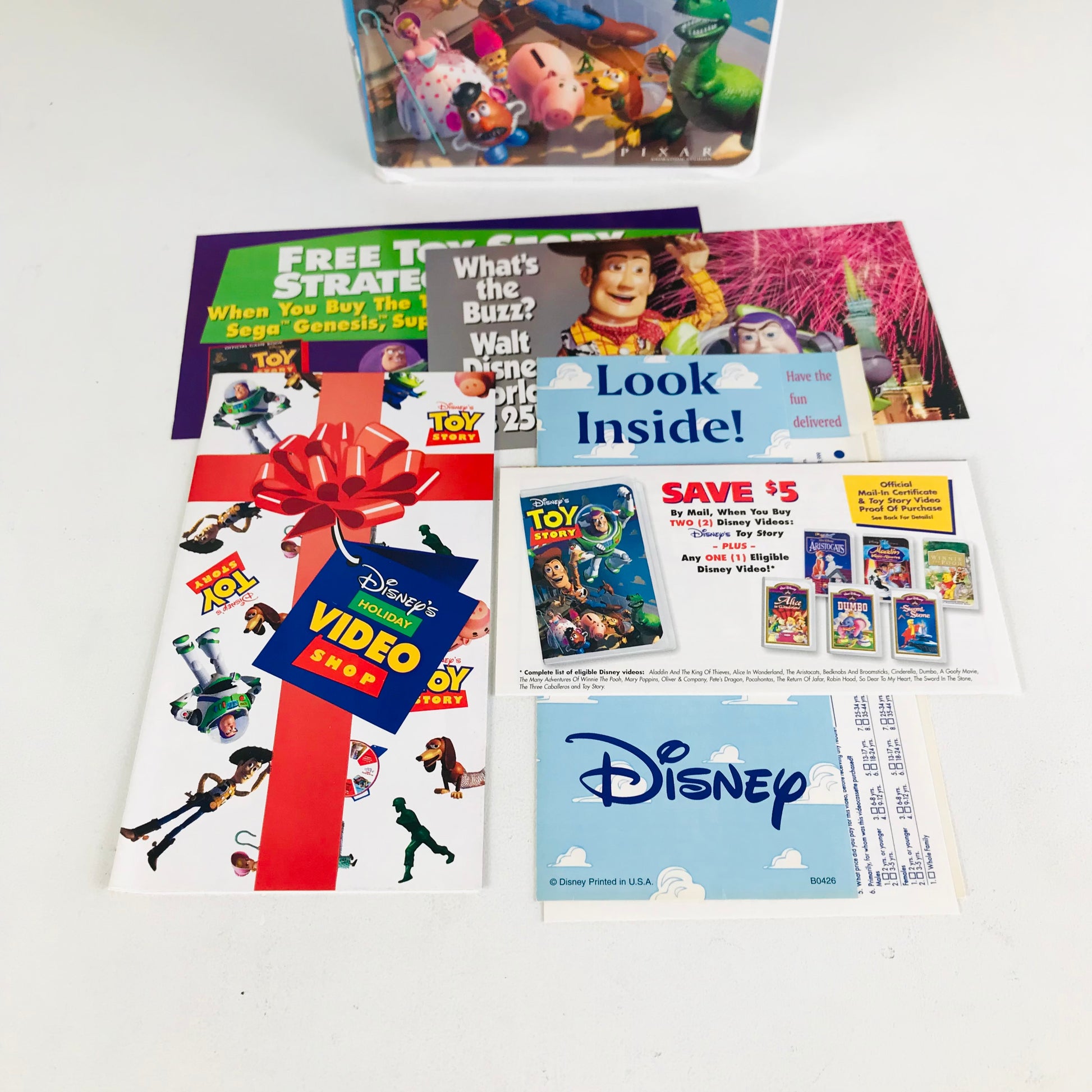 A bunch of brochures and inserts included with the original VHS edition of "Toy Story".