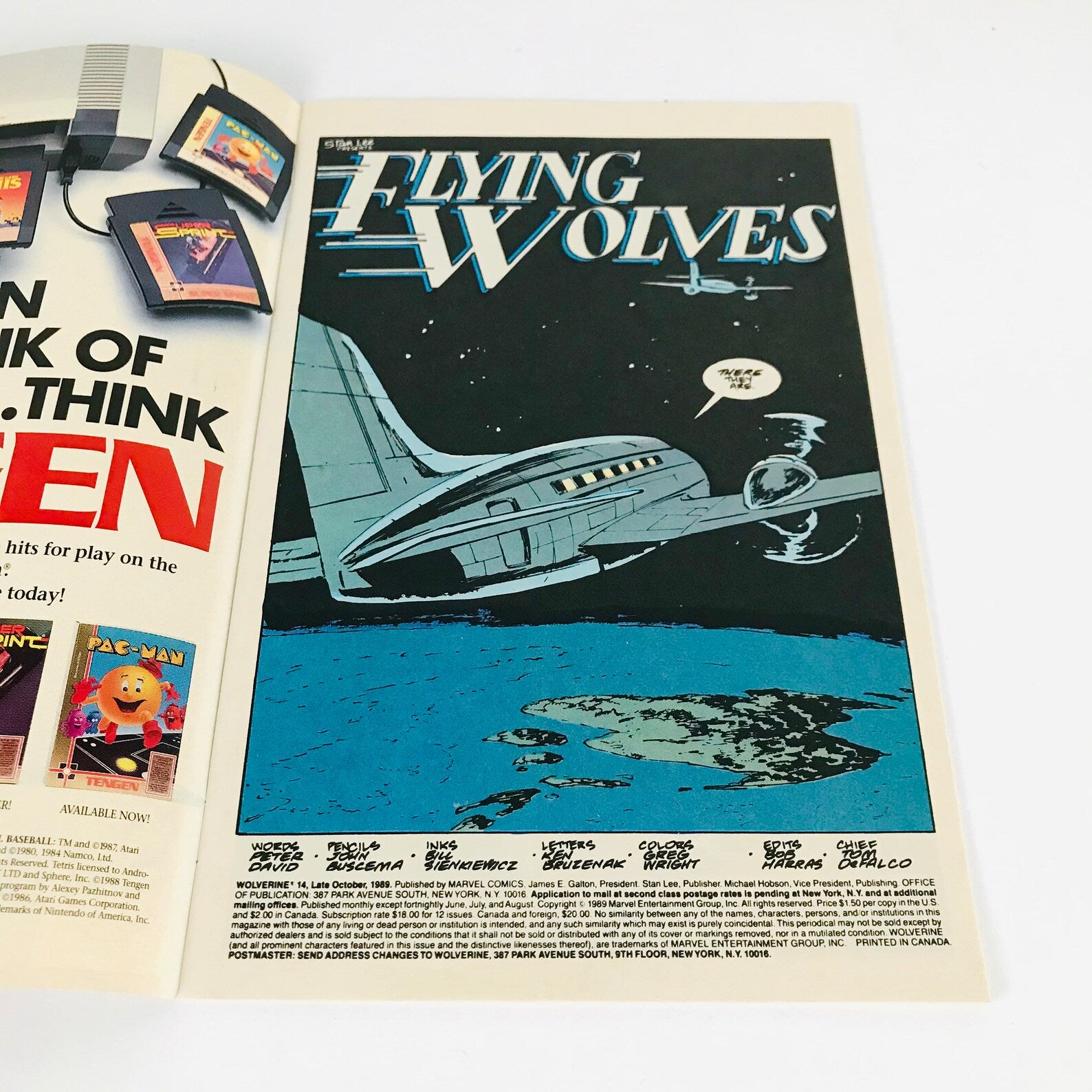 Inside cover page of a Wolverine comic book showing a plane flying over an island with the title, "Flying Wolves".