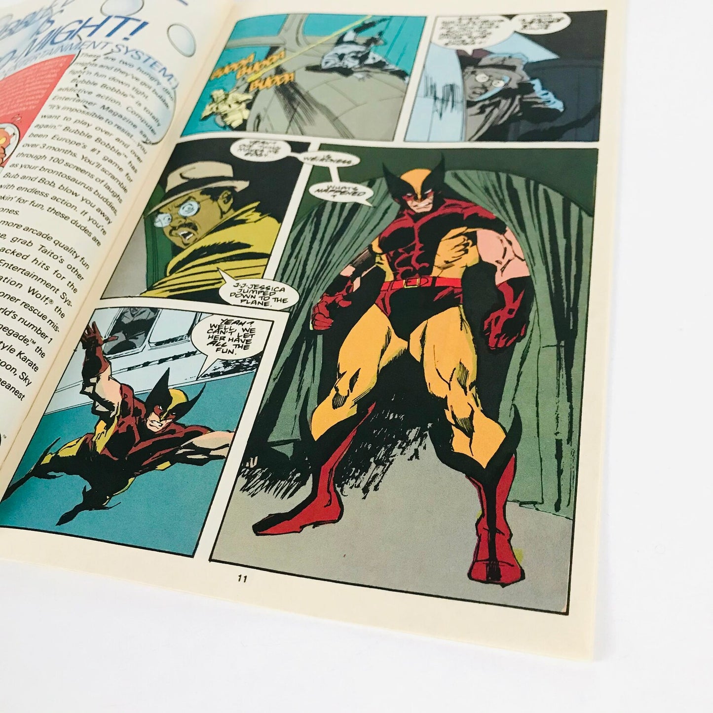 Close up comic book panel of the superhero, Wolverine, looking menacing in his trademark brown and yellow suit.