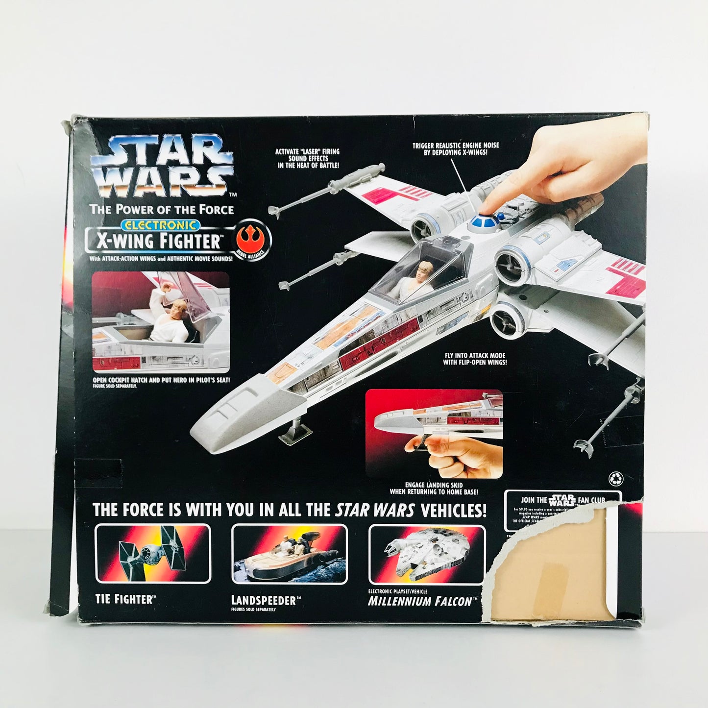 Back of the box packaging of the 1995 Star Wars Electronic X-Wing Fighter toy.